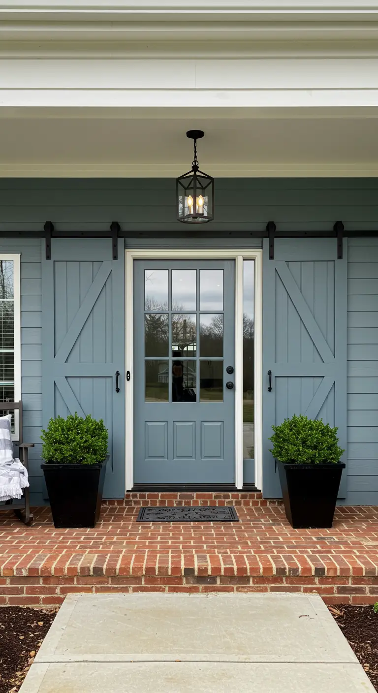 Fachada azul grisácea con puertas de granero dobles del mismo color y maceteros negros.