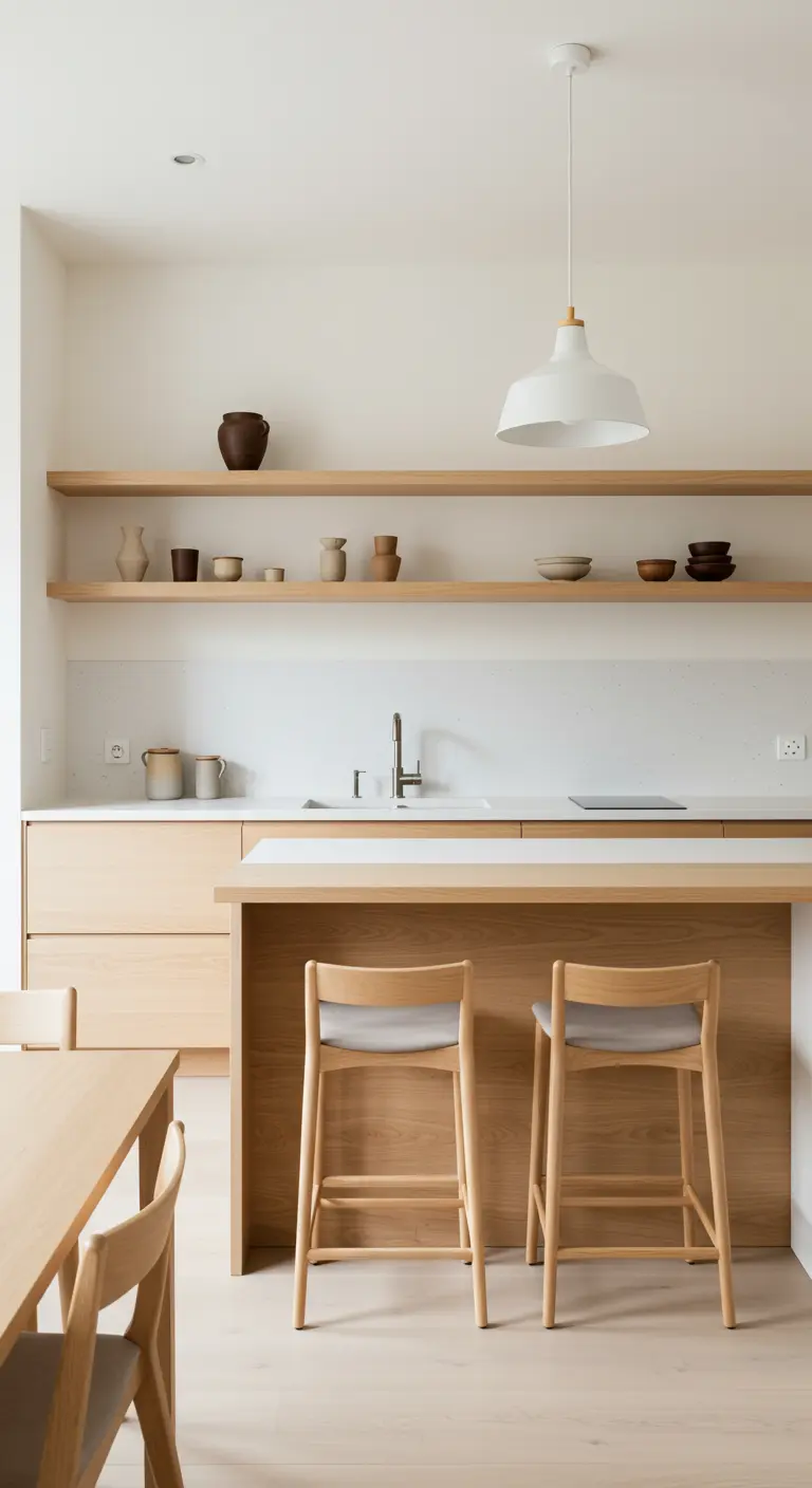 Cocina y comedor integrados con muebles de madera clara y sillas de diseño minimalista