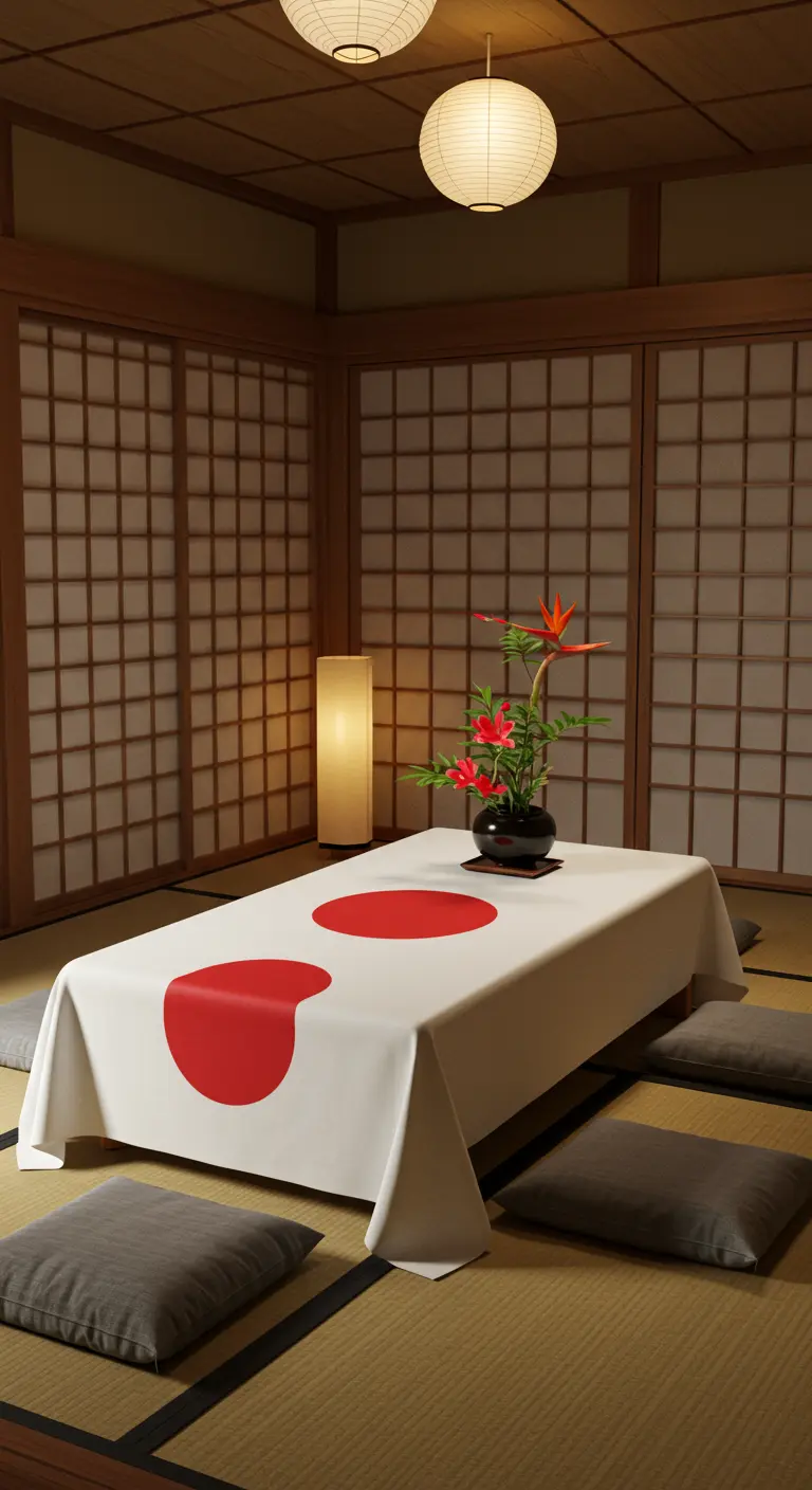 Mesa baja con mantel blanco y el círculo rojo de la bandera japonesa en una sala tatami.