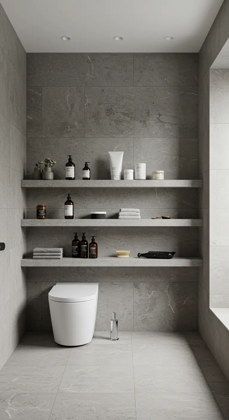 Baño completamente revestido de porcelánico gris, con estanterías del mismo material.