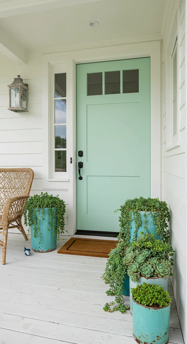 Puerta de entrada color verde menta flanqueada por macetas turquesas con suculentas colgantes.