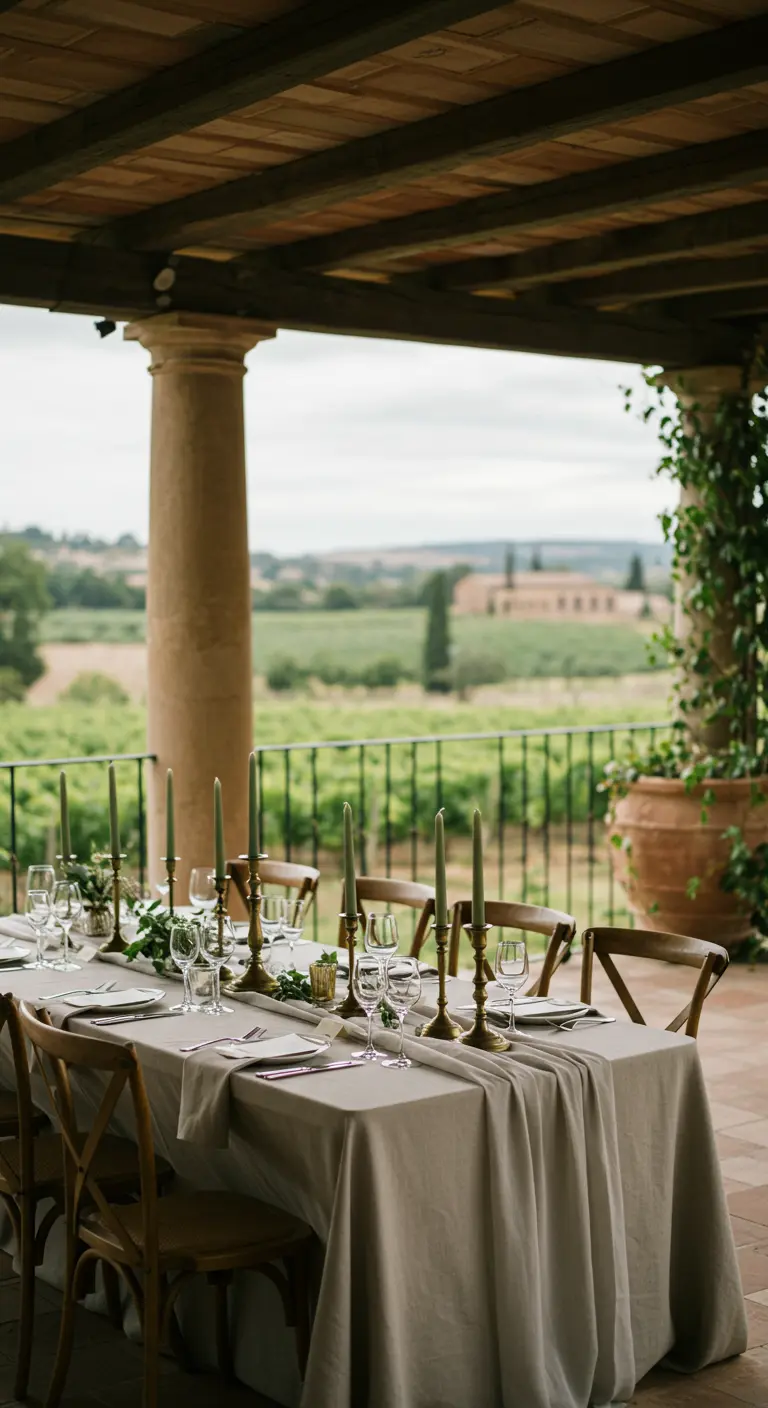 Mesa de boda en una terraza con vistas a un viñedo, decorada con velas verde salvia.