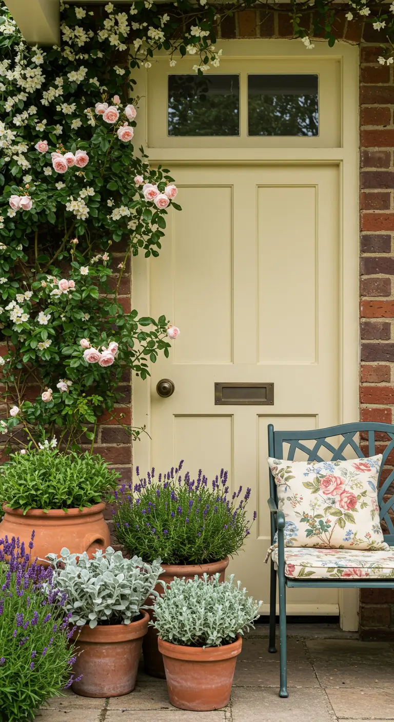 Entrada con puerta color crema, rosal blanco y rosa, macetas de terracota y un banco con cojín floral.
