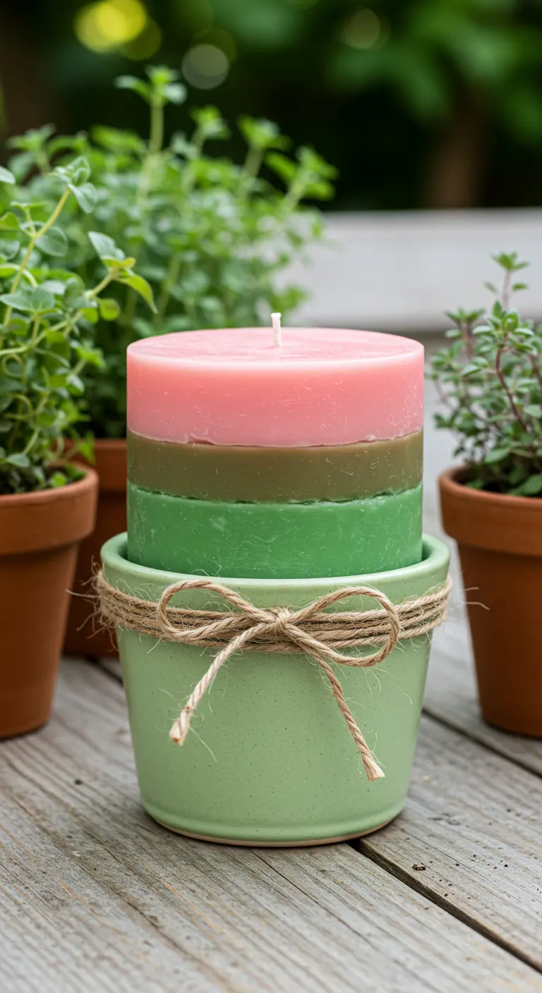 Vela de capas rosa, marrón y verde dentro de una maceta de cerámica verde claro.