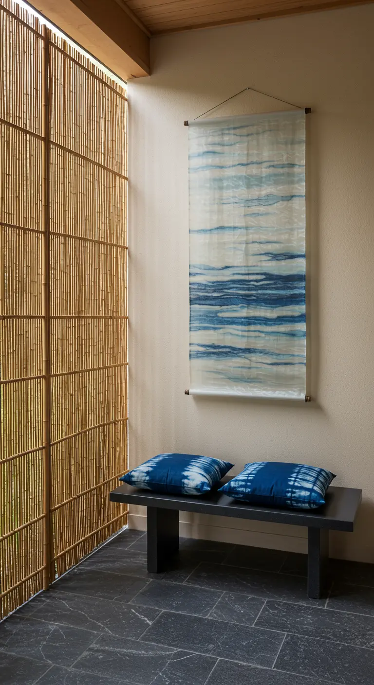 Espacio minimalista con un tapiz de tela teñida con efecto acuarela en tonos azules y un banco bajo.