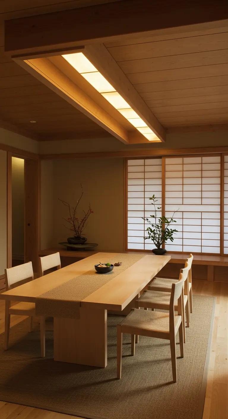 Comedor de estilo japonés con mesa de madera baja, camino de mesa neutro y luz lineal en el techo.