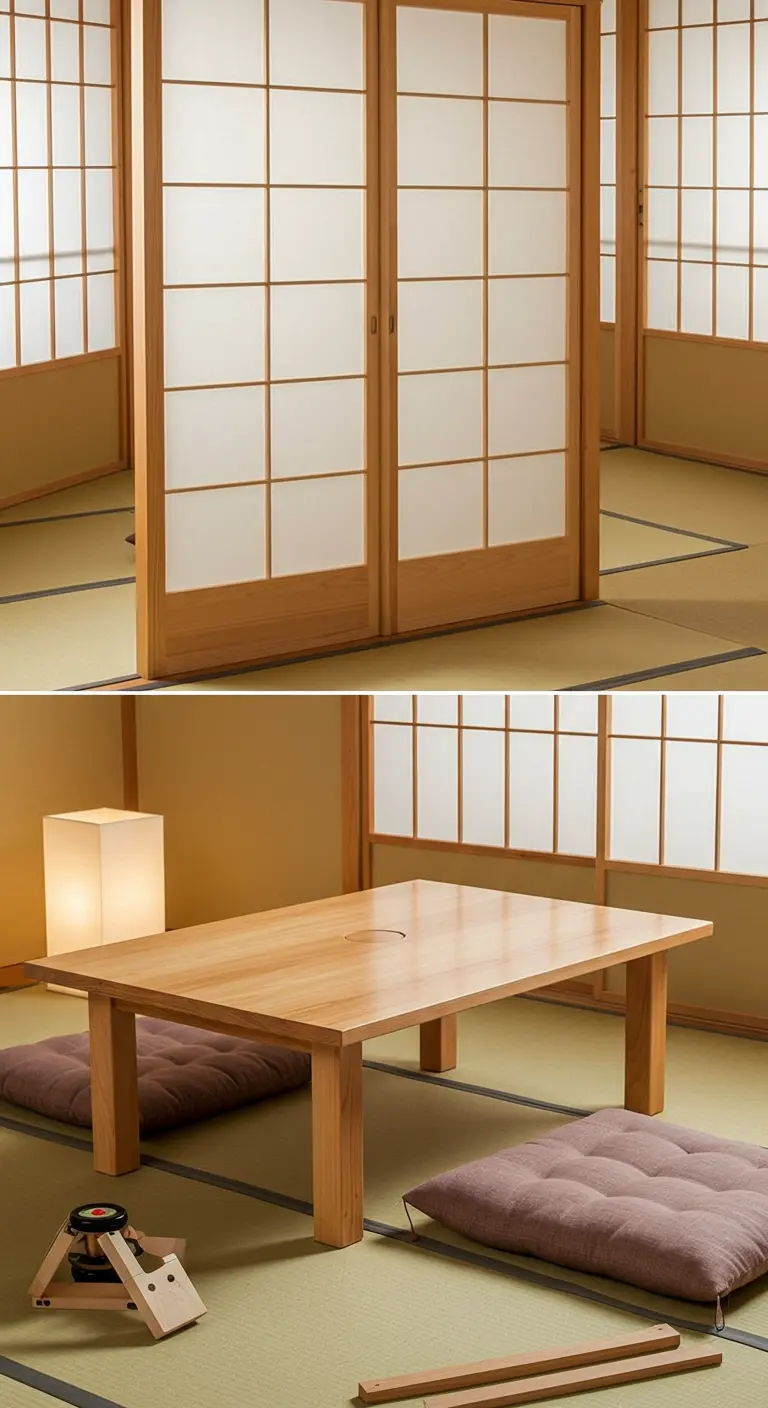 Mesa de comedor de estilo japonés inspirada en una puerta Shoji, con cojines bajos para sentarse.
