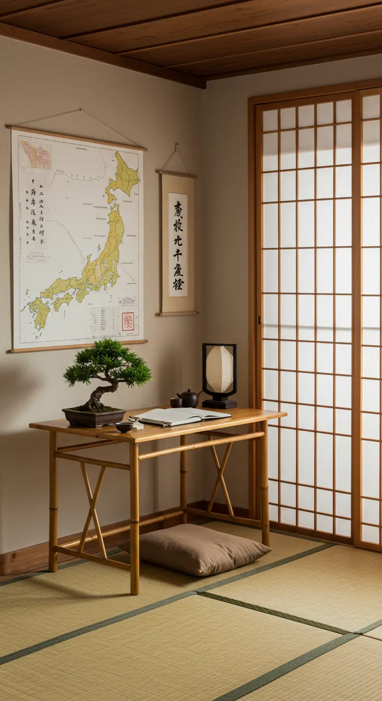 Rincón de estudio de inspiración japonesa con escritorio de bambú, tatami y un bonsái.