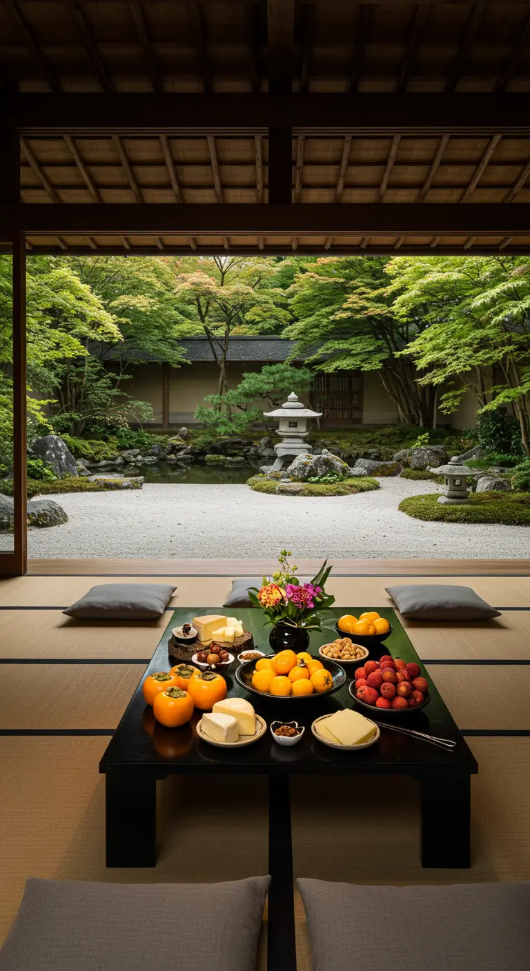 Pequeña mesa de quesos y frutas en una habitación de estilo japonés con vistas a un jardín zen.
