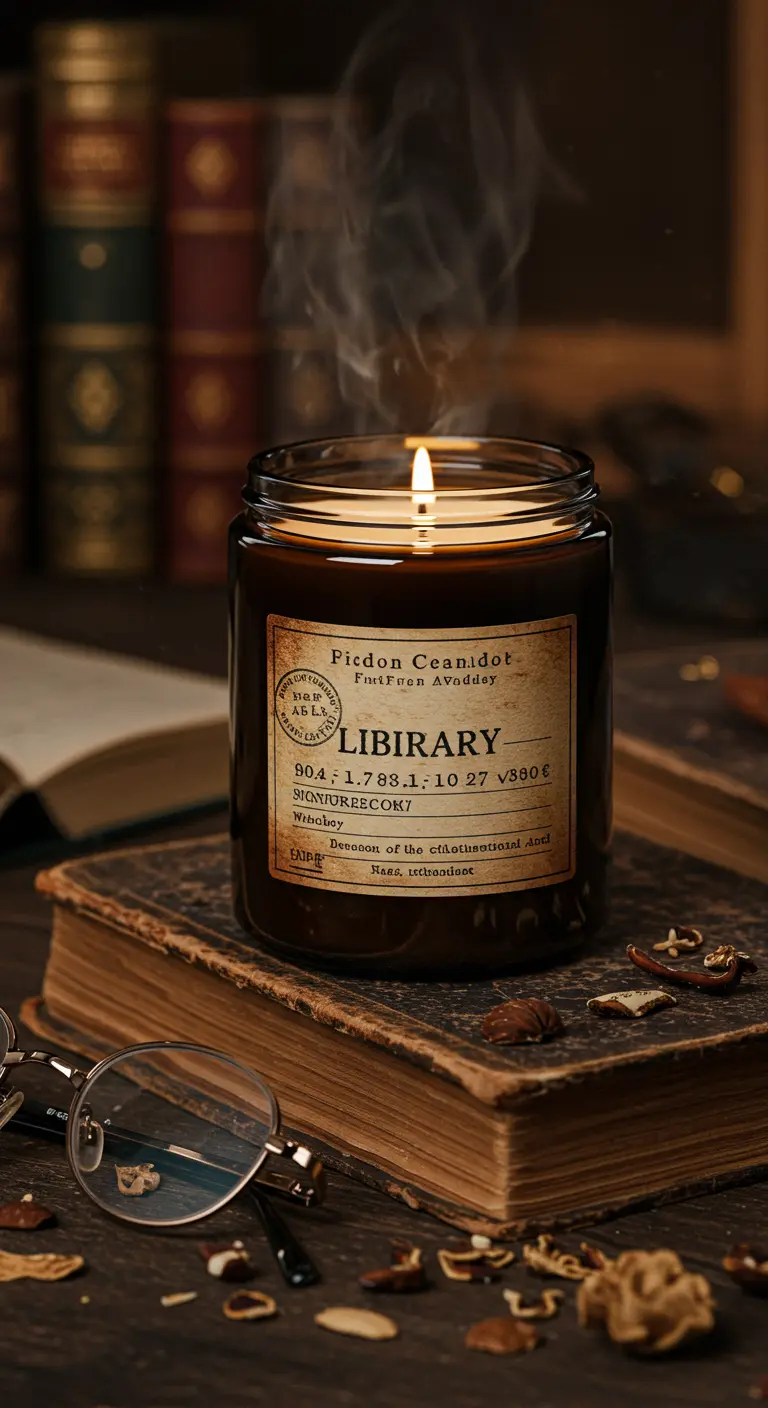 Vela encendida sobre un libro antiguo con una etiqueta que dice 'Library', creando una atmósfera cálida.