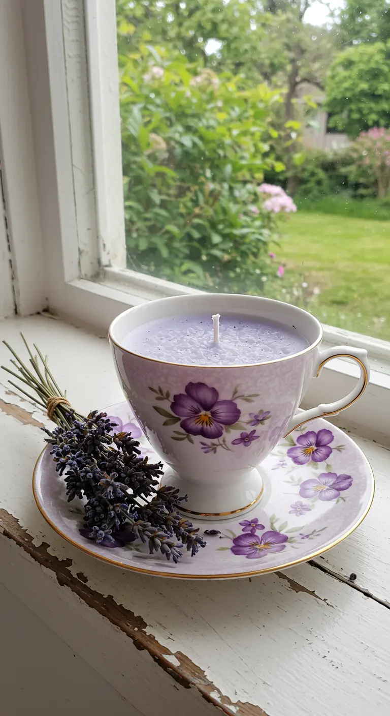 Vela de cera lila en una taza vintage con flores moradas, junto a un ramo de lavanda seca