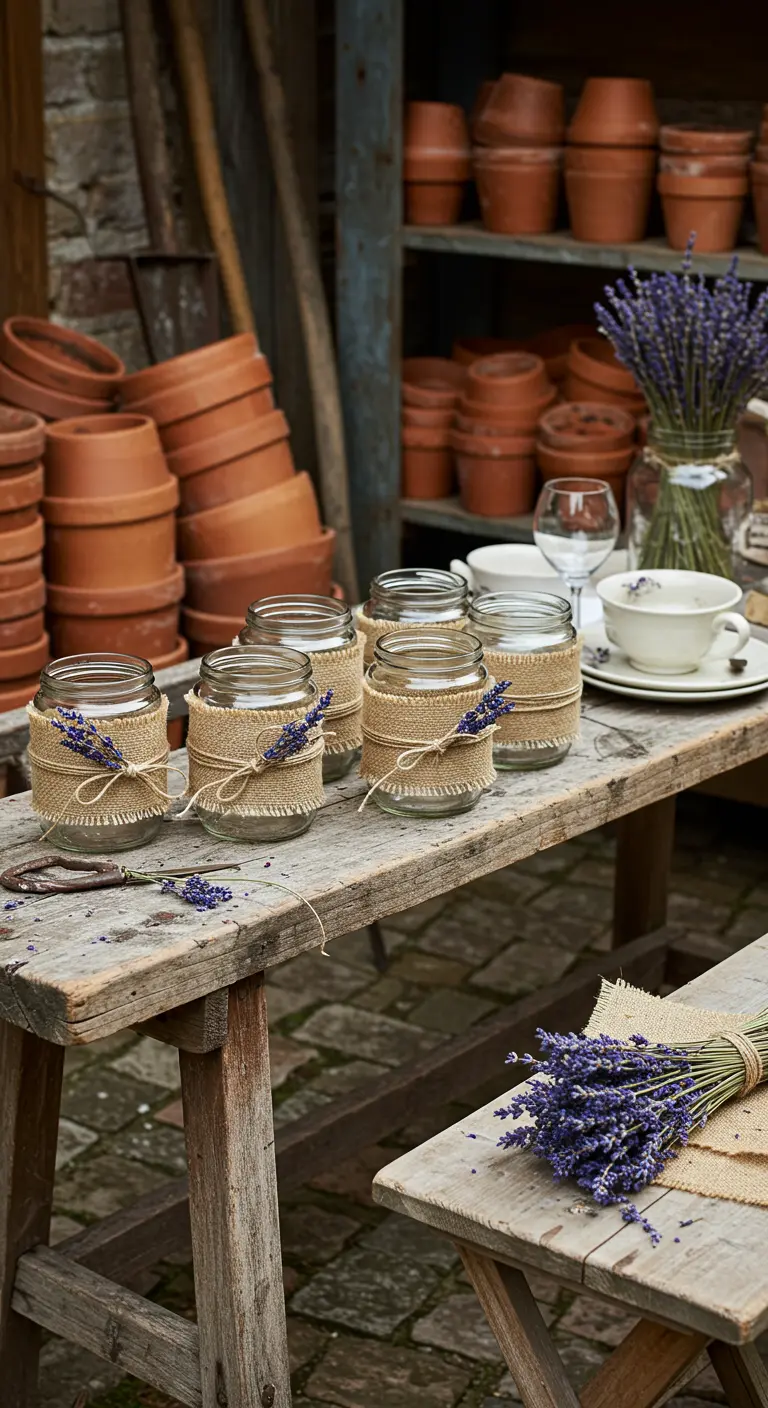 Frascos de vidrio envueltos en arpillera y decorados con ramitas de lavanda seca en un banco de madera.