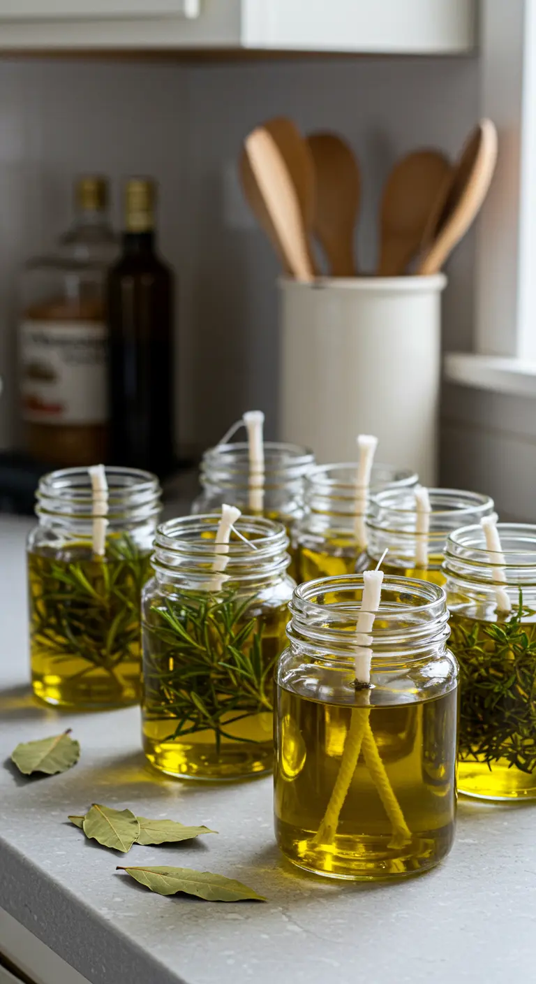 Pequeños frascos de vidrio con aceite y romero fresco convertidos en lámparas para la cocina.
