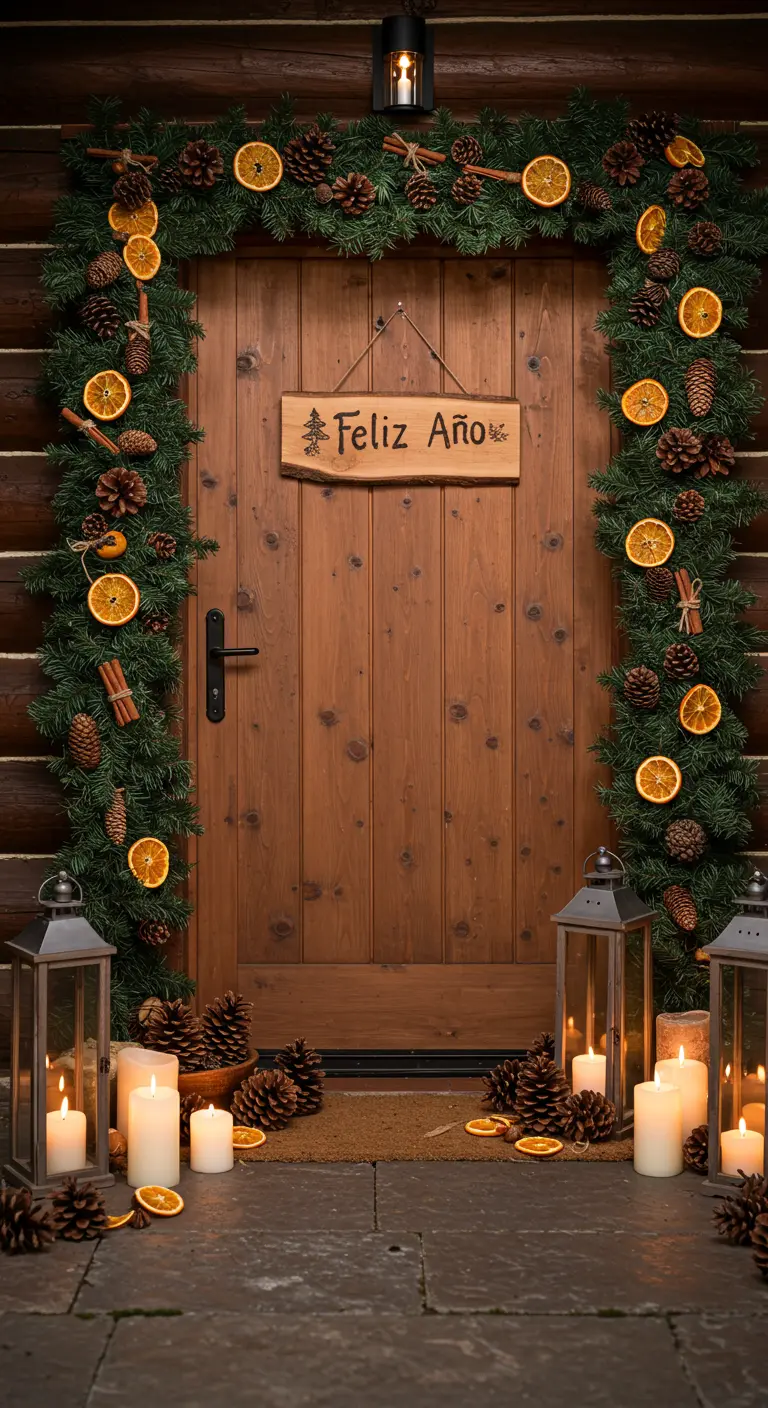 Puerta de madera rústica con guirnalda de pino, naranjas secas y piñas.