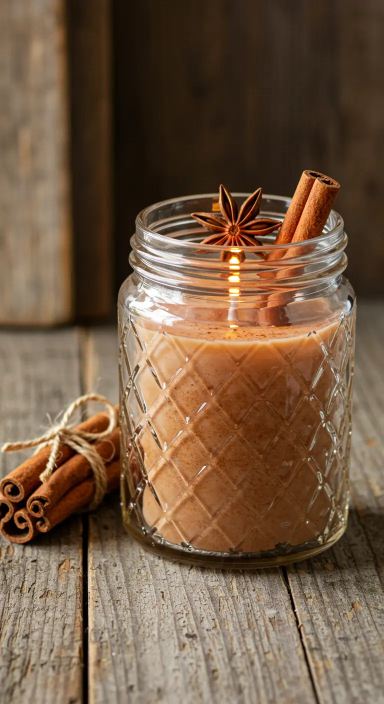 Vela casera color canela en un frasco de cristal decorada con anís estrellado
