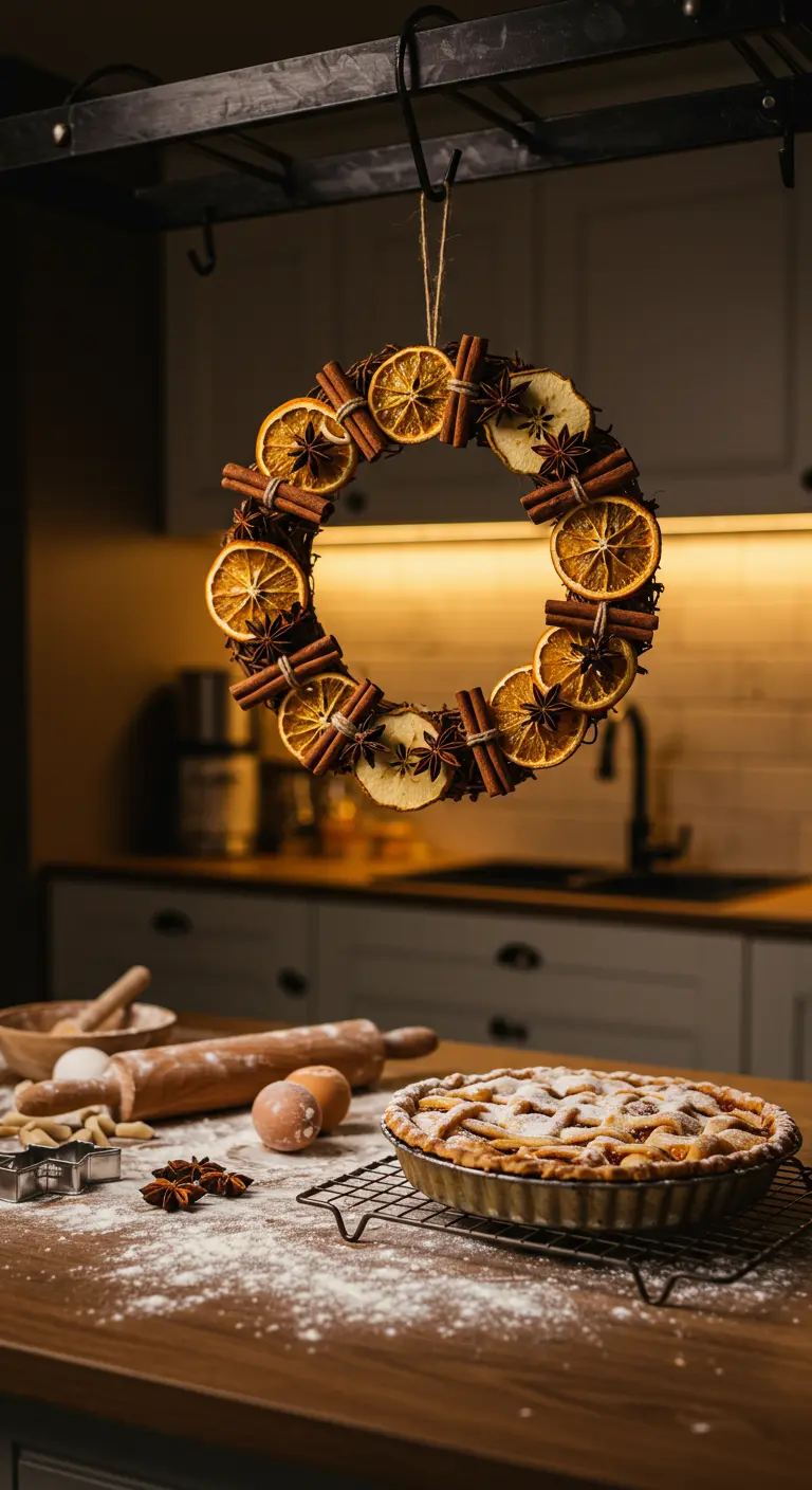 Corona de naranjas secas y canela colgando en una cocina acogedora.