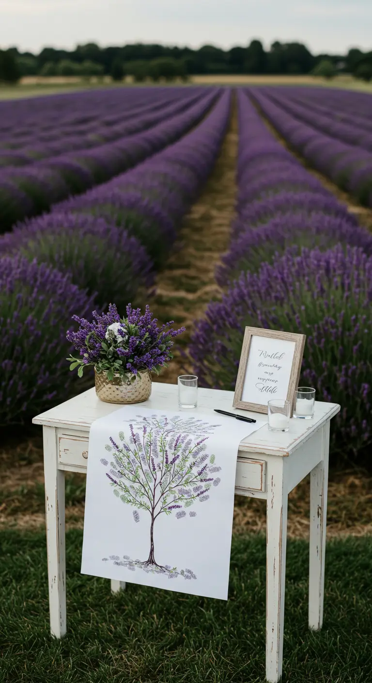 Árbol de firmas de lavanda en una mesa blanca en medio de un campo de lavanda.