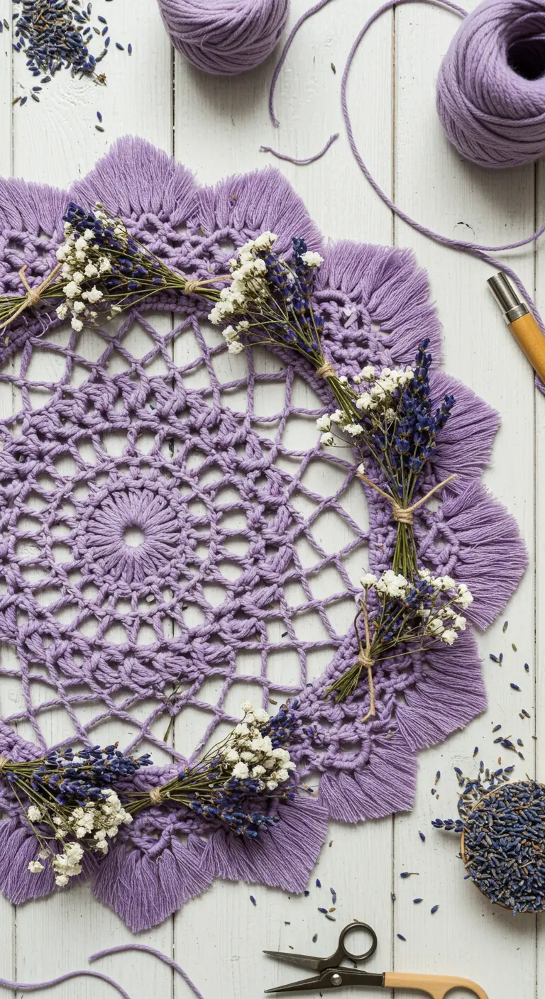Mandala de macramé color lavanda decorado con pequeños ramos de flores secas sobre una mesa blanca.