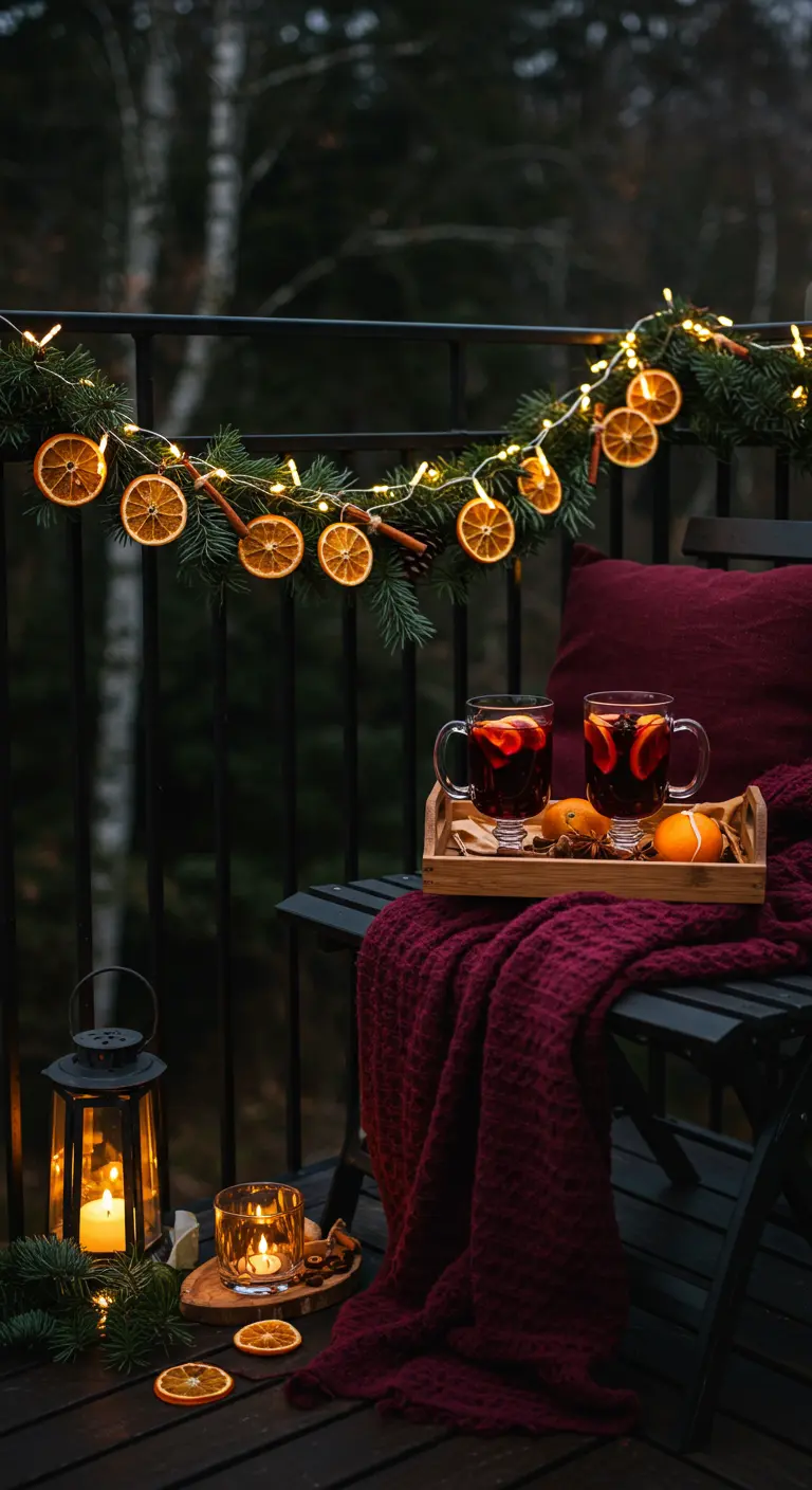 Guirnalda navideña en barandilla de balcón, hecha con abeto, rodajas de naranja y luces.