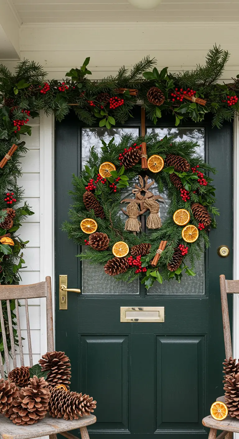 Corona navideña decorada con naranjas deshidratadas, piñas y ramas de canela.