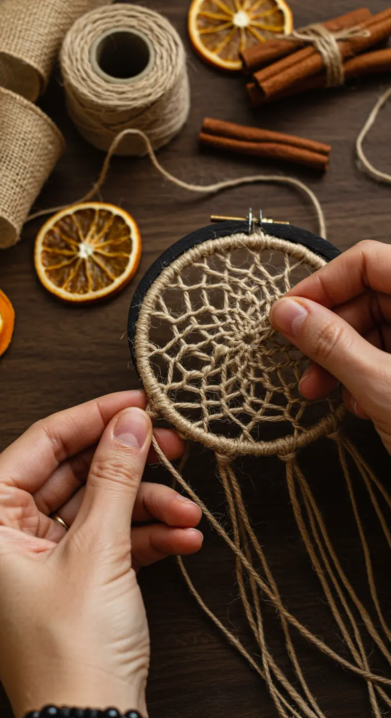 Persona tejiendo un atrapasueños de yute en un bastidor de bordado, rodeada de naranjas secas y canela.