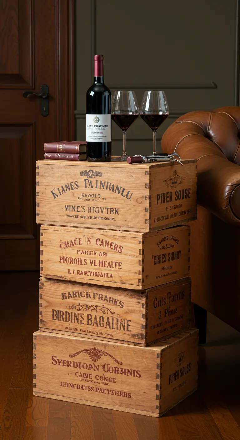 Torre de cuatro cajas de vino de madera antiguas con inscripciones, usada como mesa.