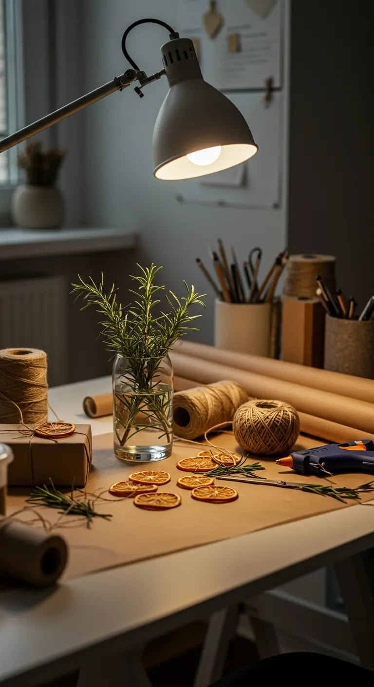 Mesa de manualidades con papel kraft, romero y rodajas de naranja seca.