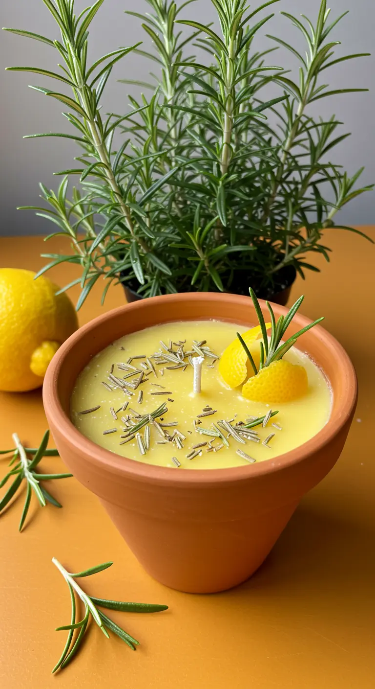 Vela de cera de abeja en una maceta de terracota, adornada con romero fresco y cáscara de limón.