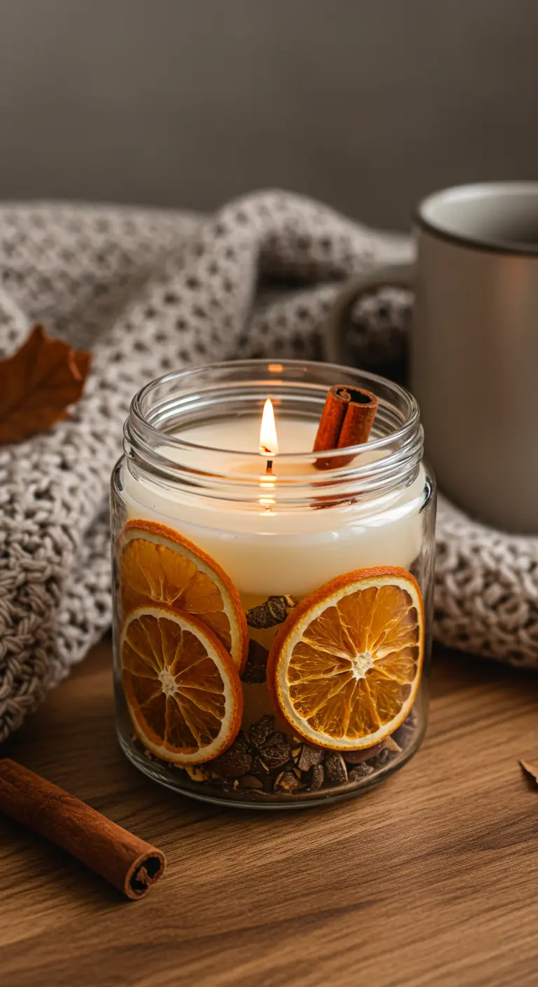 Vela encendida en un frasco de cristal decorada con rodajas de naranja seca y canela.