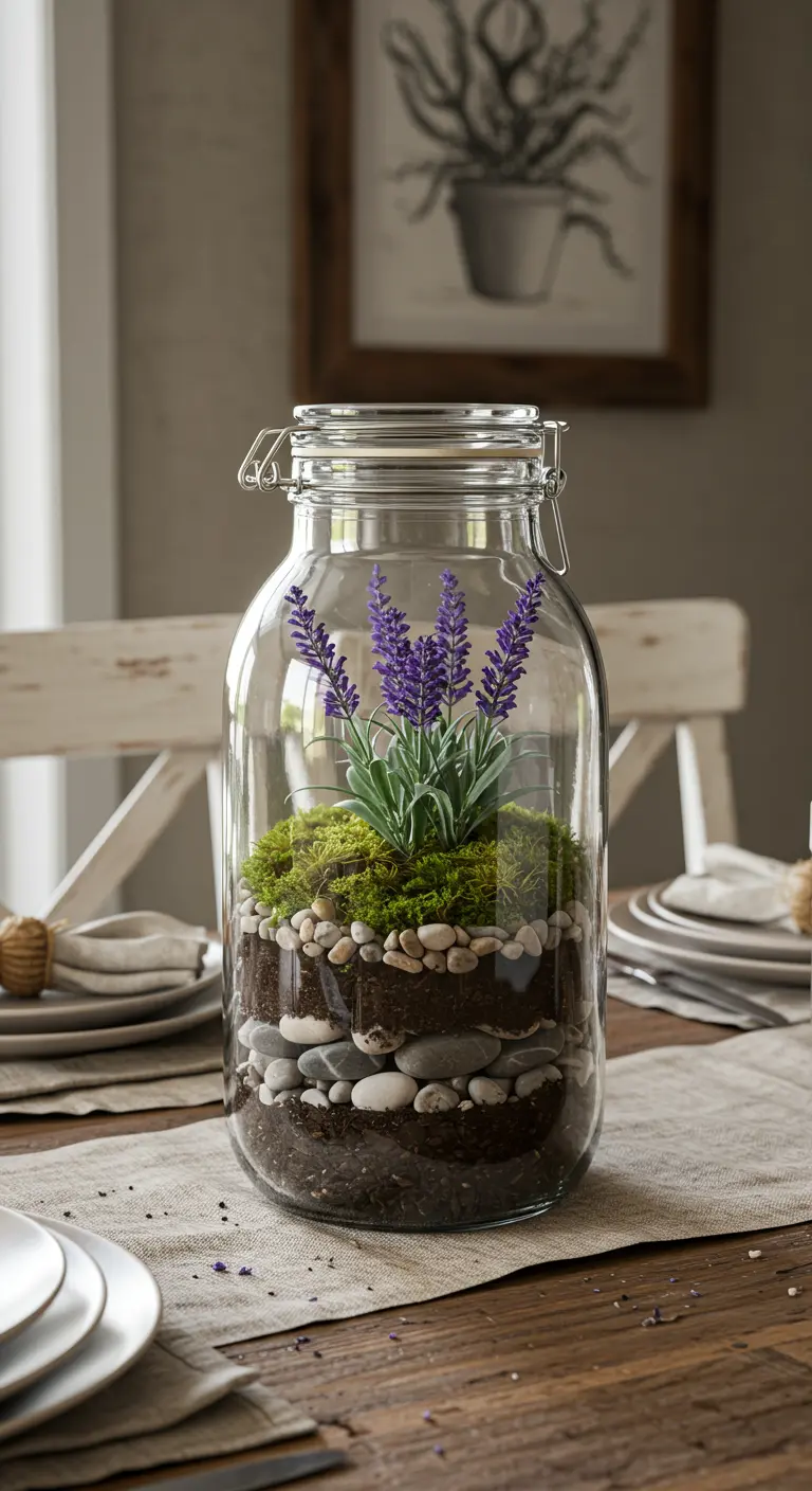 Un gran terrario de vidrio con musgo, tierra y flores de lavanda púrpura en el centro de una mesa de comedor.