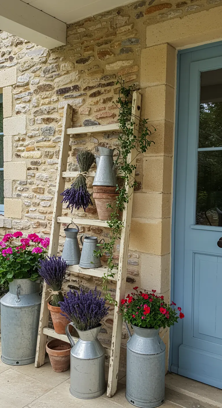 Escalera blanca decapada de estilo provenzal con ramos de lavanda, jarras de zinc y geranios.