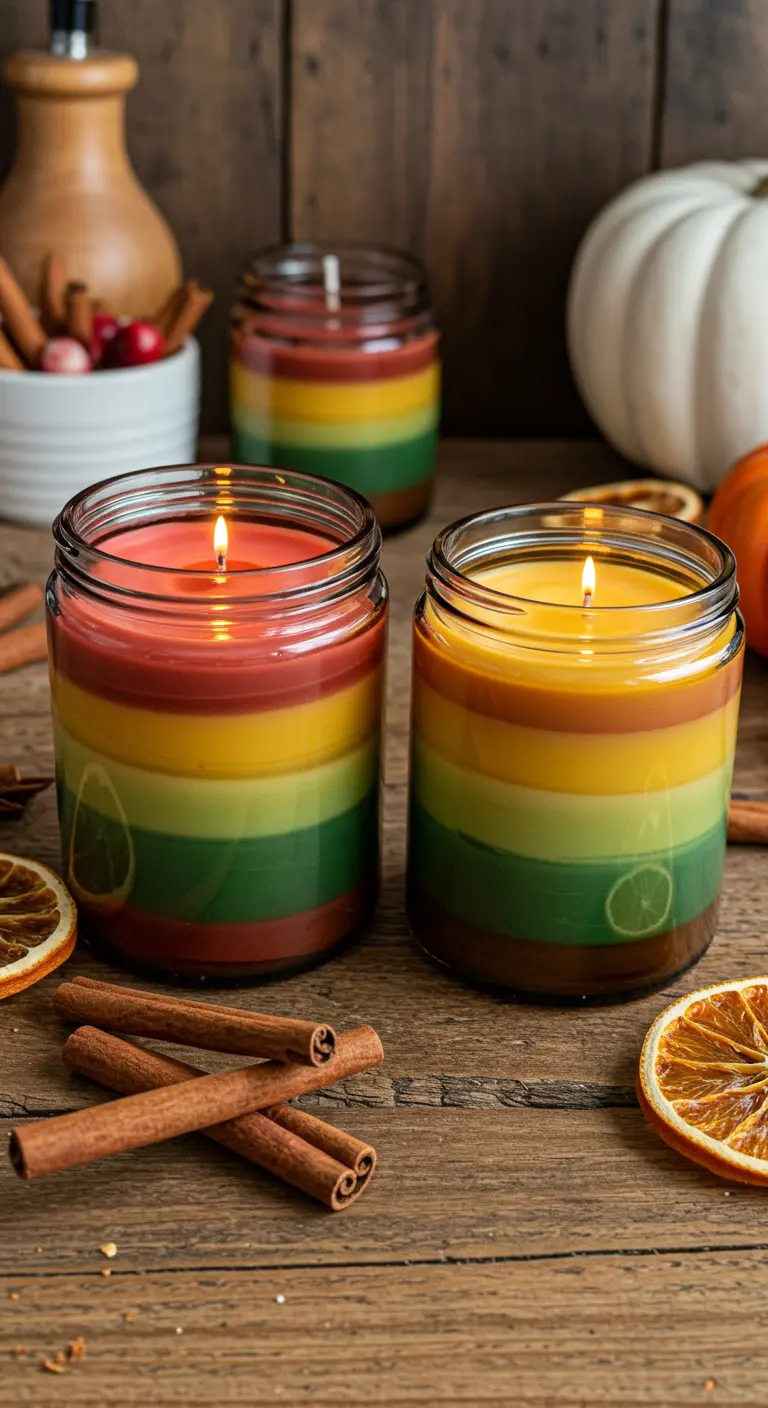 Velas encendidas en frascos con capas de colores otoñales, rodeadas de canela y naranjas secas.