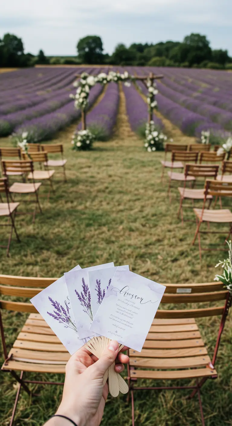 Mano sosteniendo programas de boda con ilustraciones de lavanda en un campo de lavanda.