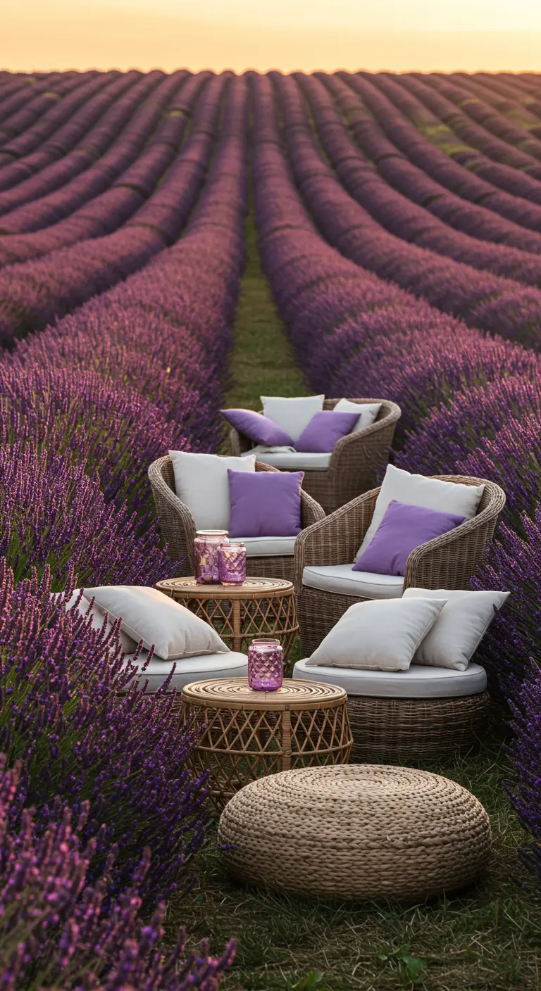 Zona de descanso con muebles de mimbre y cojines morados en medio de un campo de lavanda.