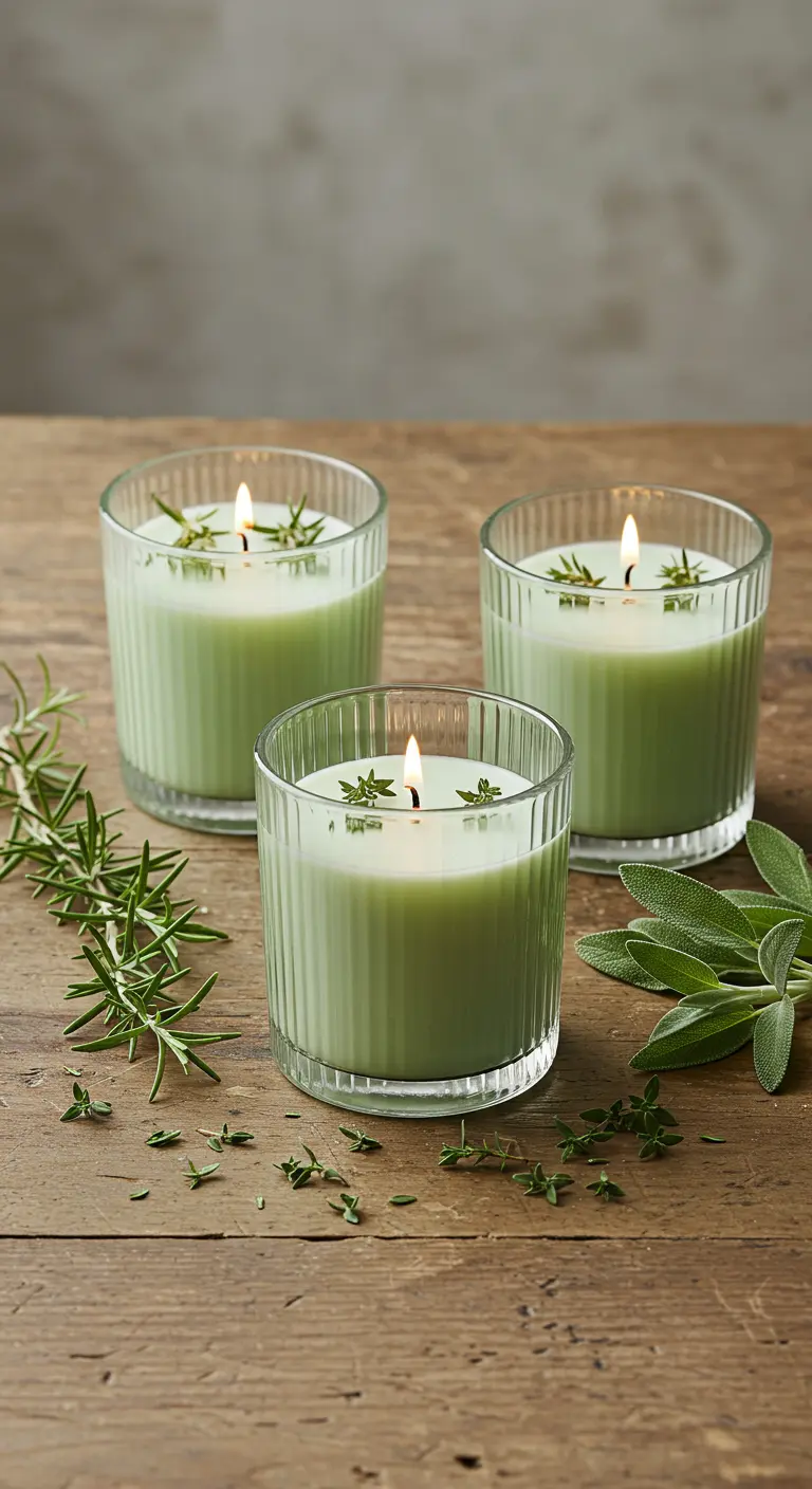 Tres velas de color verde salvia en vasos acanalados, decoradas con ramitas de romero