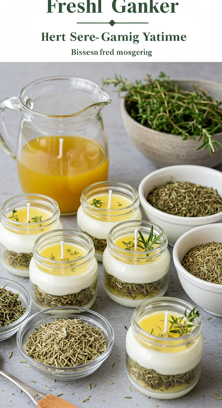Velas caseras en frascos de cristal con capas de hierbas aromáticas secas y cera blanca