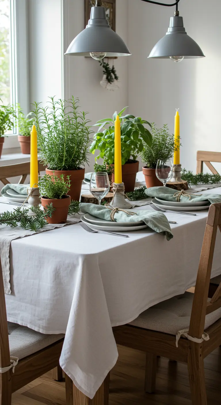 Mesa de comedor rústica con un centro de mesa de varias macetas con hierbas aromáticas frescas.