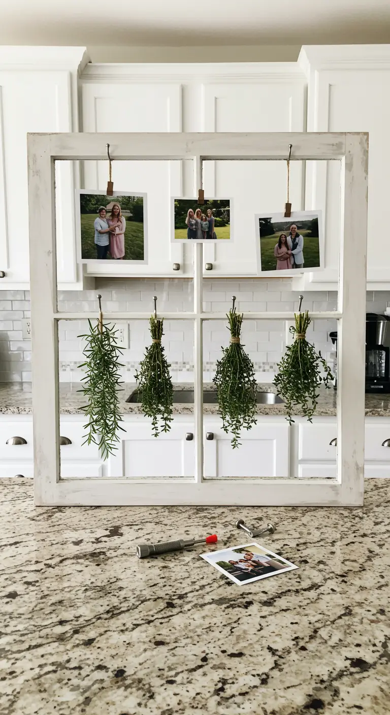 Marco de ventana blanco en una cocina, con fotos familiares y manojos de hierbas frescas colgados.