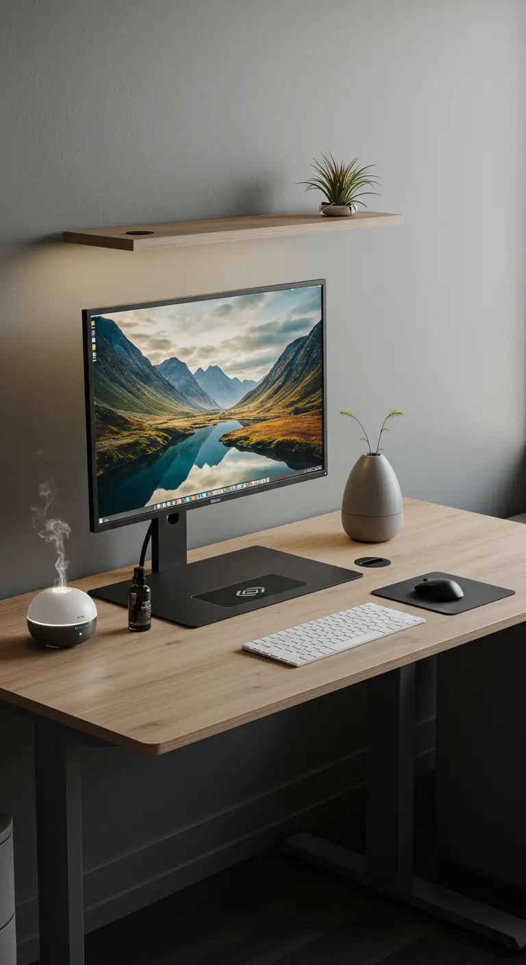 Escritorio moderno y ordenado con un monitor grande, un teclado y un difusor de aceites esenciales.