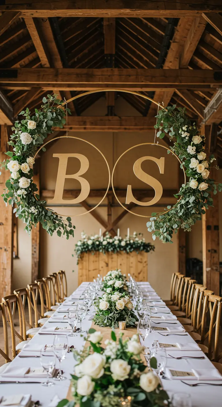 Iniciales 'B S' dentro de aros dorados decorados con vegetación, colgando sobre una mesa de banquete.
