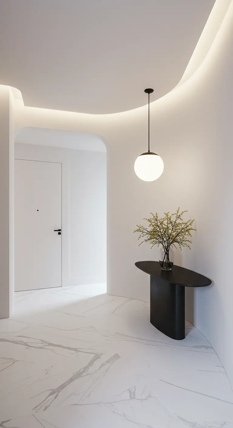 Recibidor con paredes curvas, suelo de mármol, una consola negra de diseño orgánico y una lámpara esférica.
