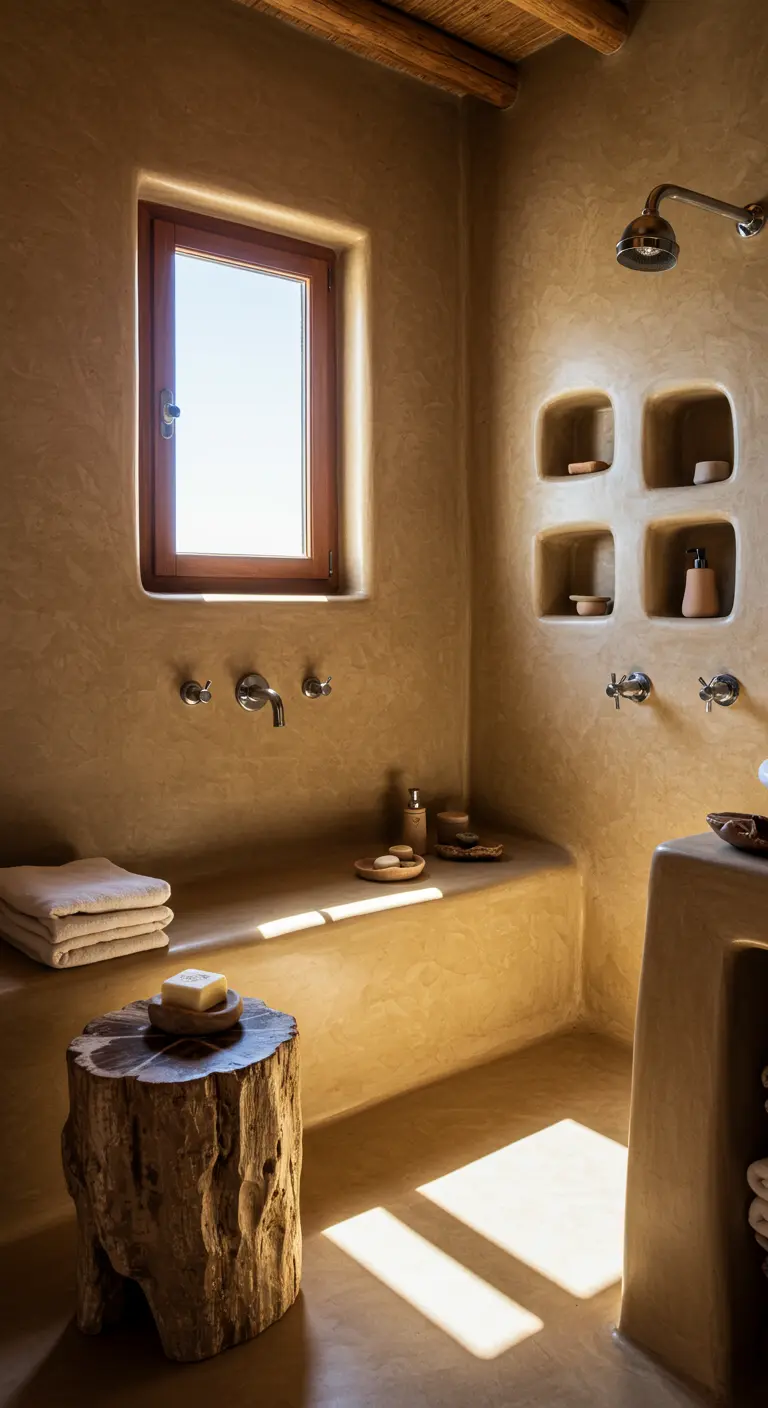 Baño de microcemento con banco de obra, nichos integrados y un taburete de tronco.