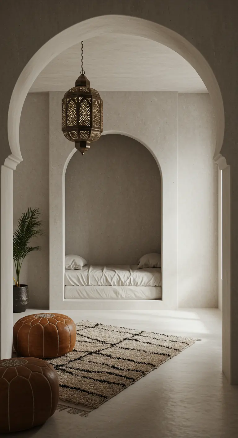 Dormitorio minimalista con la cama dentro de un nicho en forma de arco y paredes blancas