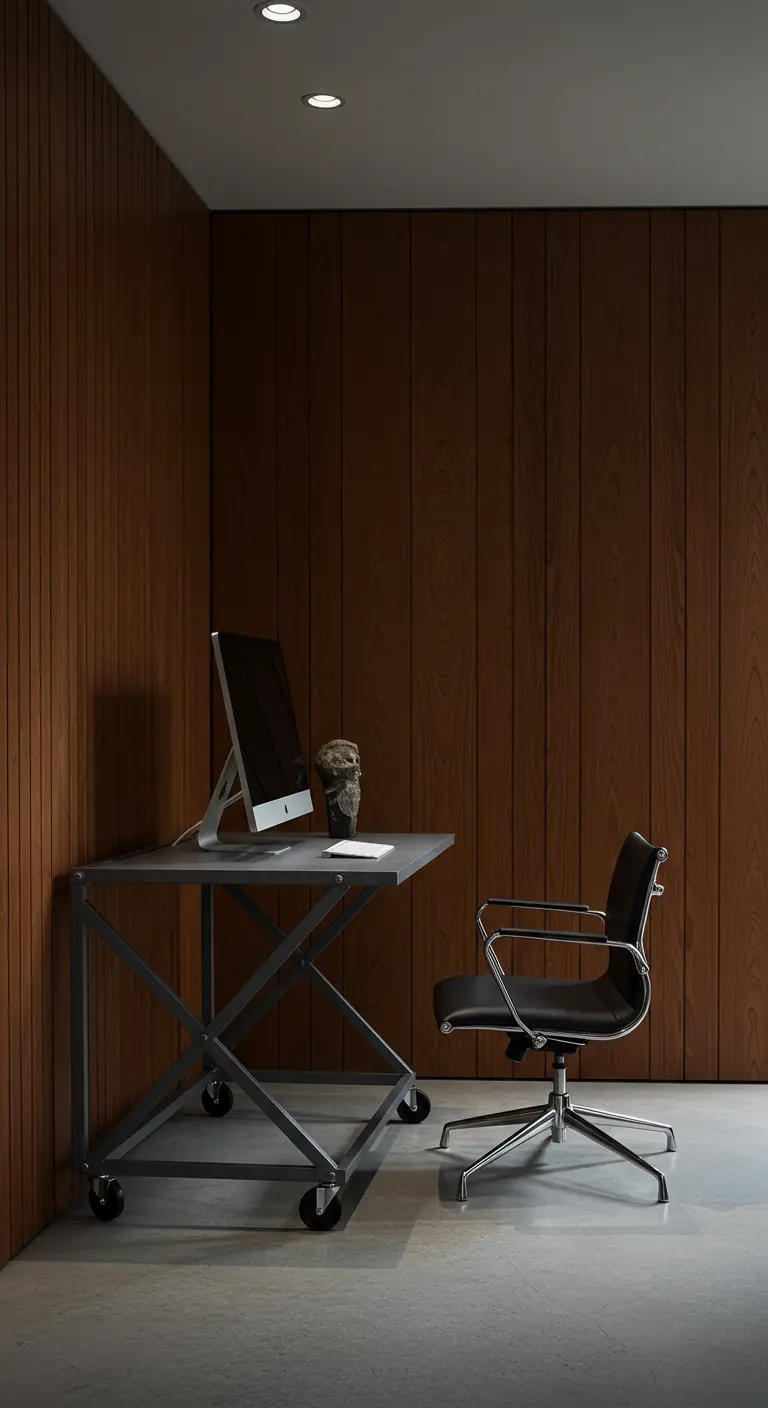 Escritorio rodante con estructura metálica en X y silla de oficina de diseño en un espacio con paredes de madera
