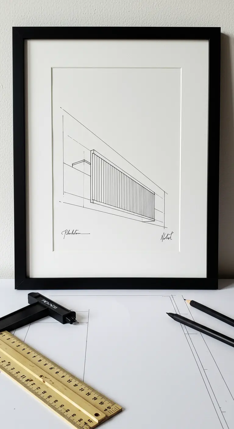 Dibujo arquitectónico enmarcado de un balcón minimalista, con reglas y lápices sobre la mesa