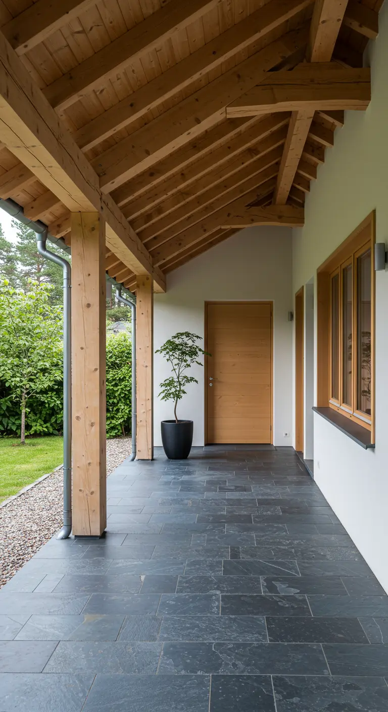 Porche cubierto con vigas de madera y suelo de pizarra, con un único árbol en una maceta negra.