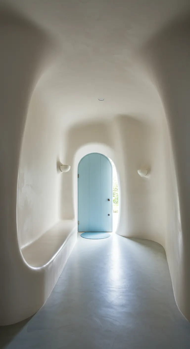 Pasillo blanco de formas orgánicas y curvas, con una puerta azul pastel al fondo.