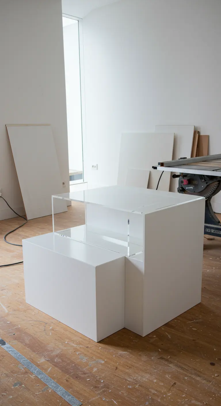 Composición minimalista de cajas blancas de distintos tamaños formando una mesa escalonada.