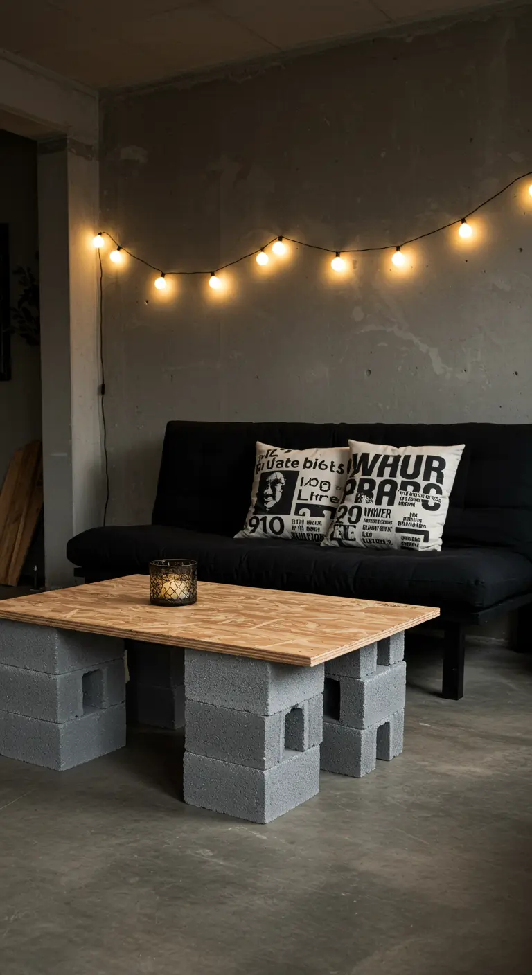 Mesa de centro DIY con una base de bloques de hormigón apilados y una tabla de madera clara.