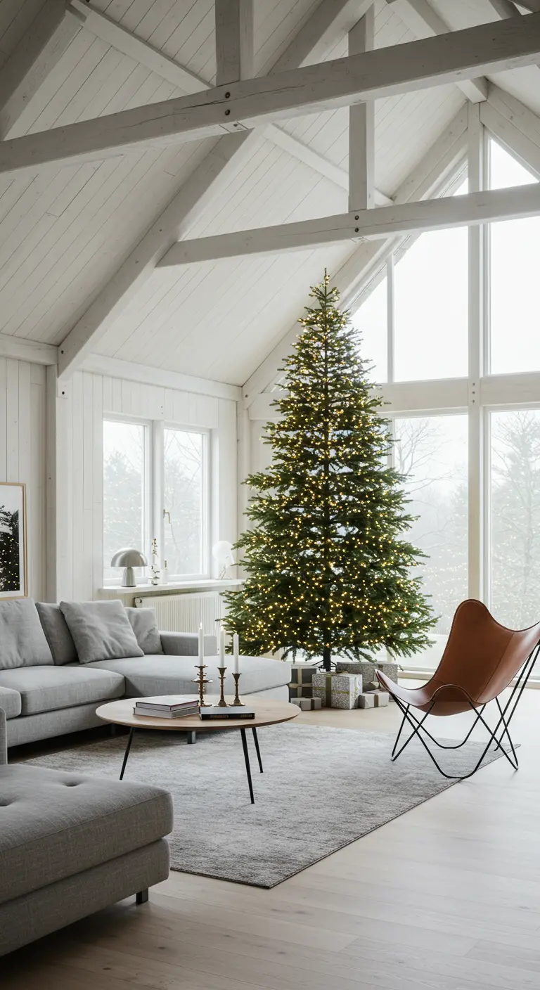Salón con techos altos y vigas blancas, con un gran árbol de Navidad iluminado junto a un ventanal